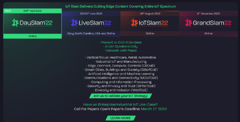 Internet of Things Community – (IoT Community) Announces IoT Slam® 2022 Conference Schedule to be held April, June, August and December 2022