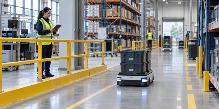 Autonomous warehouse robot operating in a connected built environment